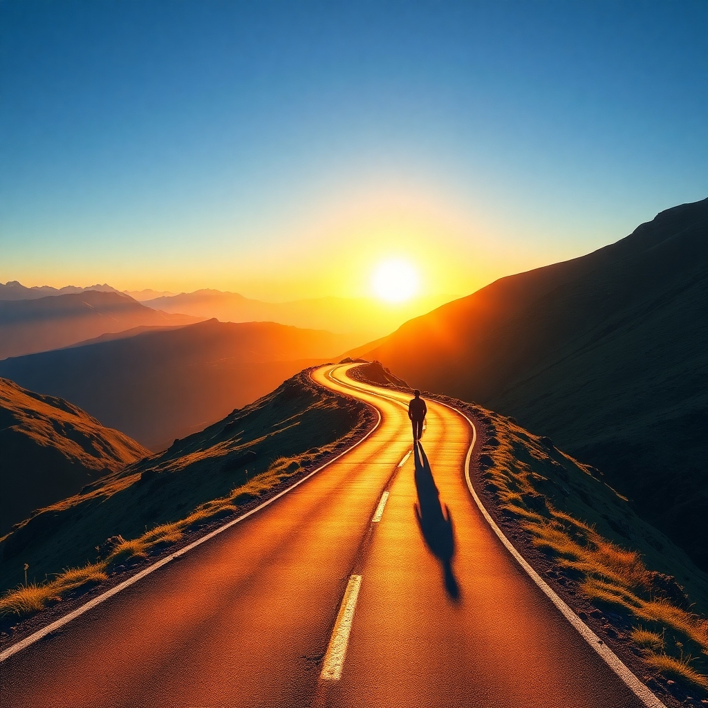 A photorealistic image depicting a winding mountain road at sunrise. The road symbolizes Gregor Pol's life journey, leading towards a bright, expansive horizon. The colors should be vibrant and hopeful, with warm golds and blues dominating the scene. A lone figure, silhouetted against the rising sun, is seen walking along the road, representing the solitary path of self-discovery. The overall feel is one of resilience and forward momentum.