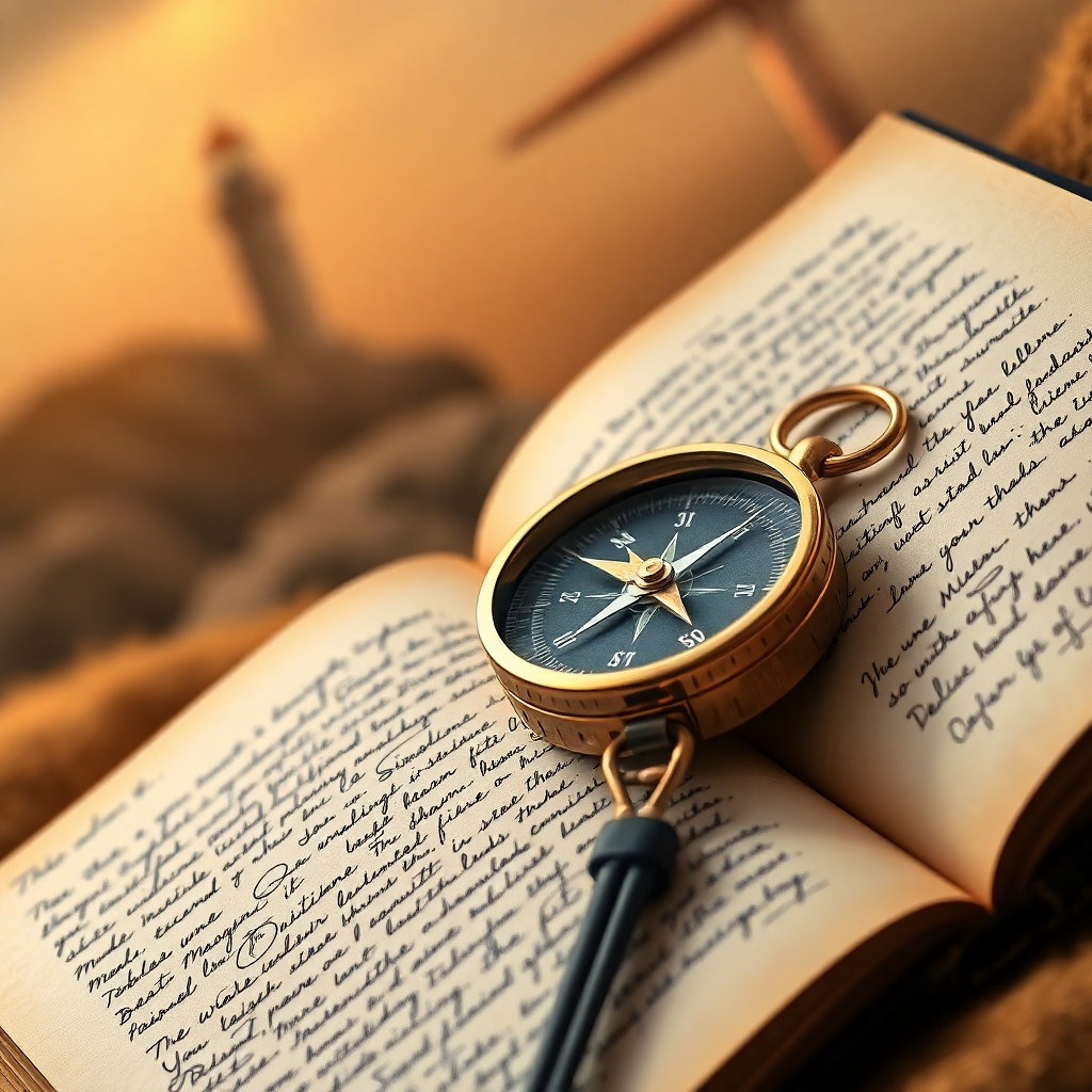 A photorealistic image of a compass resting on an open book. The compass needle points towards a distant lighthouse, symbolizing guidance and direction. The book is filled with handwritten notes and sketches, representing the pursuit of knowledge. The colors should be warm and inviting, with soft browns and golds creating a sense of comfort and security. The image should convey the importance of having a moral compass and seeking knowledge to navigate life's challenges.