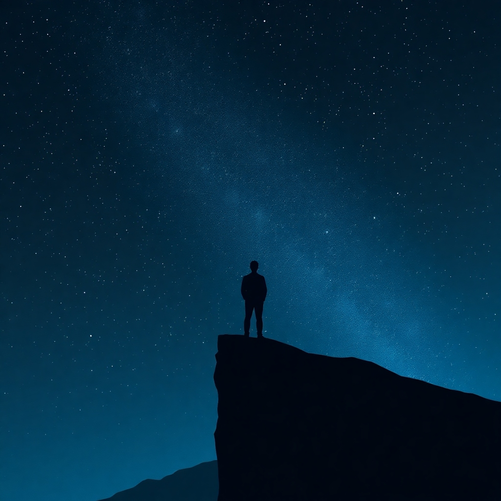 A stylized image representing existentialism. A lone figure stands on the edge of a cliff, gazing into a vast, star-filled sky. The color palette is dark and dramatic, with deep blues and blacks contrasted by the brilliant white light of distant stars. The image should evoke a sense of awe, wonder, and the burden of freedom. The figure's silhouette should be ambiguous, suggesting both vulnerability and strength.